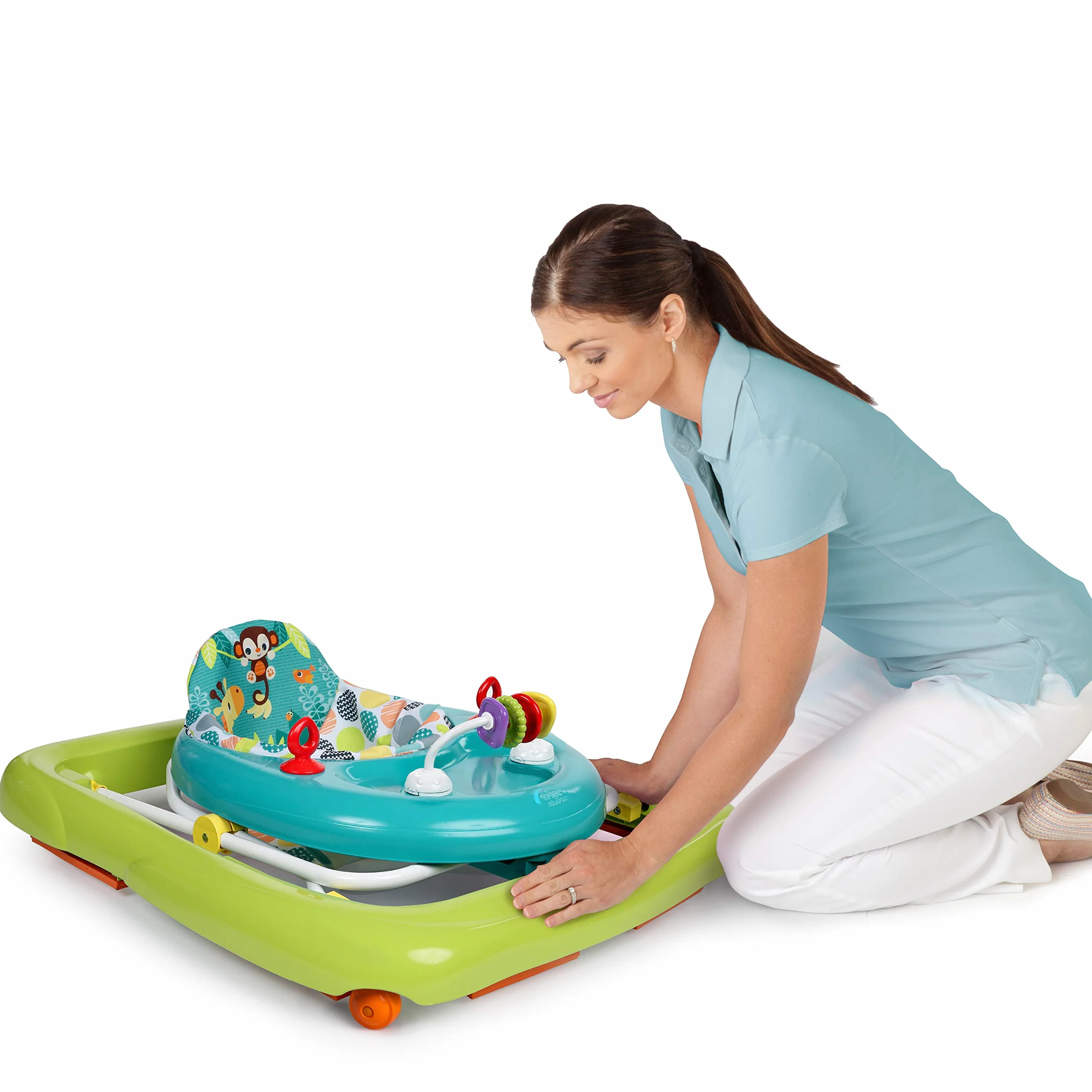 Bright Starts, Giggling Safari, Lauflernhilfe mit Spielzeuge, Perlenschiebespielzeug, 3 Höheneinstellungen, Lauflernwagen mit hoher Rückenlehne, zusammenklappbare, grün/blau, Kinder ab 6 Monaten