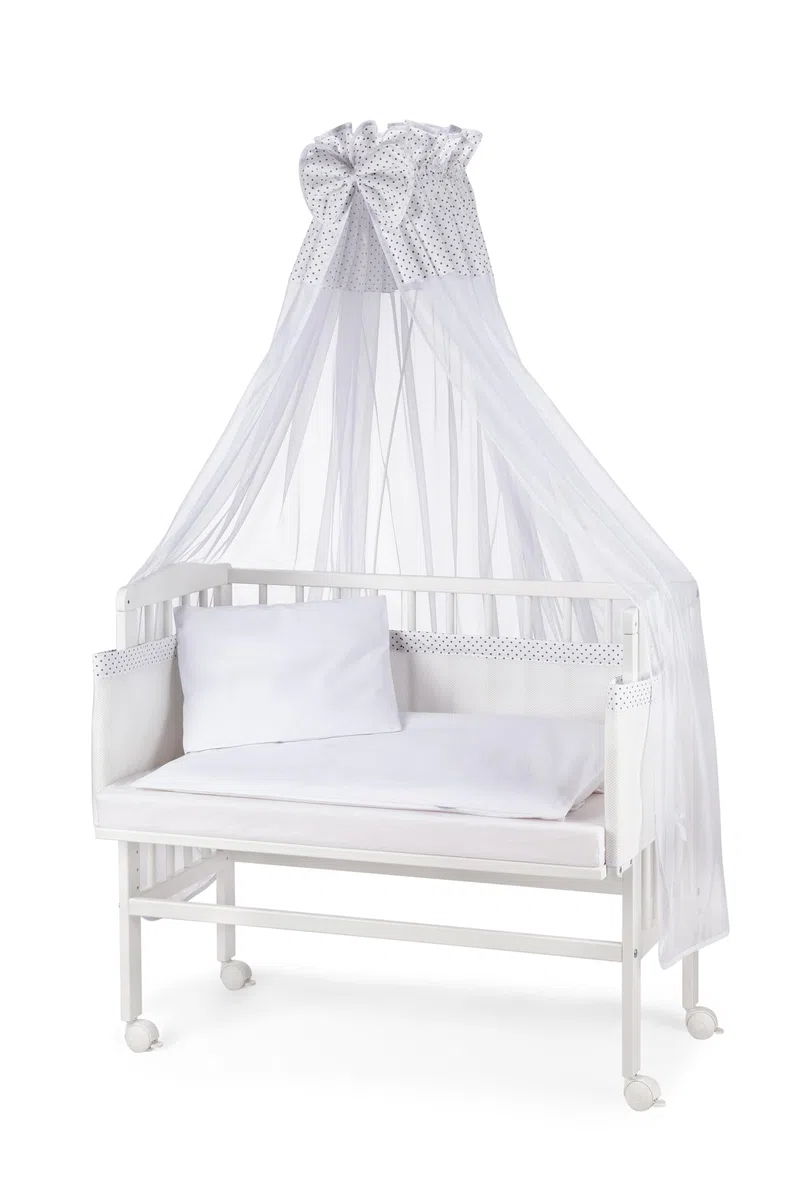 waldin Baby Beistellbett mit Matratze und Stoffen, Höhen-verstellbar, Große Liegefläche 90x55cm, Weiß Lackiert, Weiß/Punkt Grau
