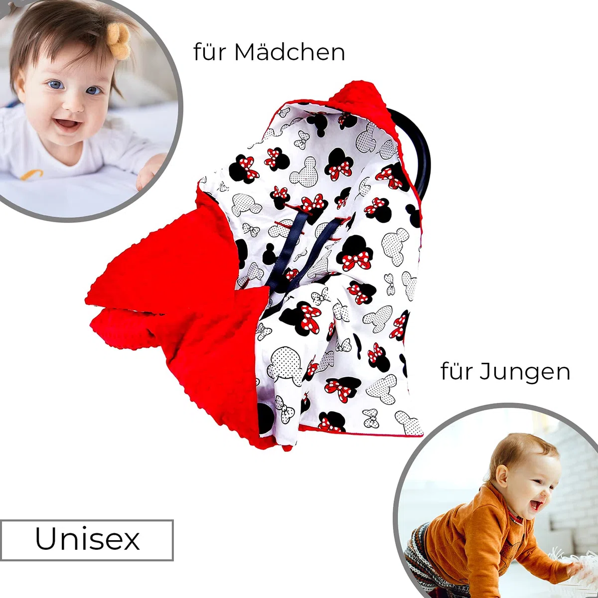 Welt der Träume Doppelseitige Einschlagdecke für Babyschale Autokindersitz Buggy Kinderwagen 90x90cm - universal Baby Decke (z.B. Maxi-Cosi/Cybex/Römer) (Auto Einschlagdecke - Miki Weiss -Minky rot)