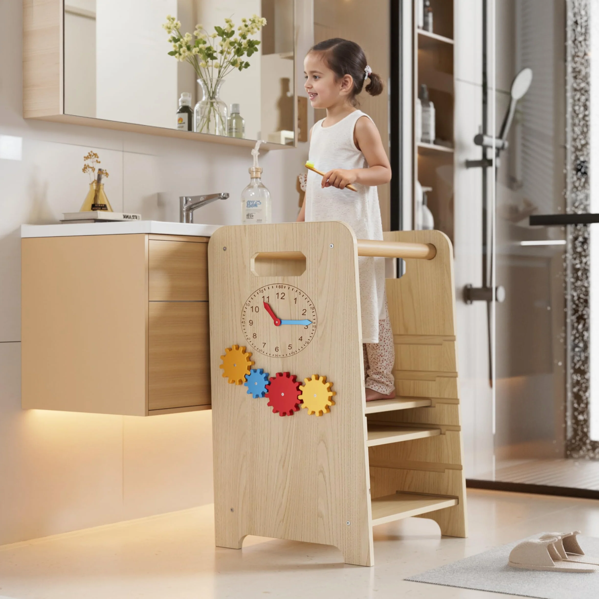Montessori Lernturm ab 1 Jahr 4-in-1 Trittleiter Holz mit Tafel & Schiebeleiter 4-Fach Höhenverstellbarer Learning Tower Küchenhelfer Tritthocker Kinder Kippsicher Montessori-Lernstuhl für Küche & Bad