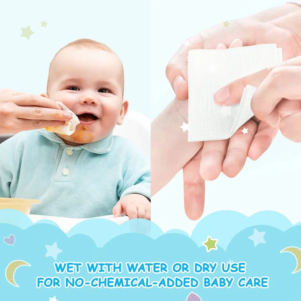 Orighty Trockene Babytücher, superweiche und sanfte Tücher für Babys, nass oder trocken verwendbar, 100% parfümfreies Gewebe für empfindliche Babyhaut, ideal für Windelwechsel, Fütterung