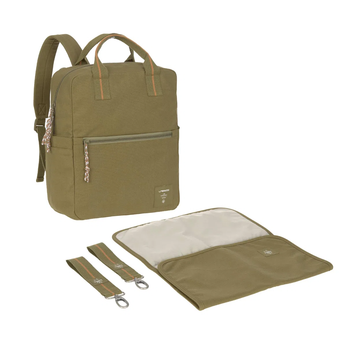 LÄSSIG Baby Wickelrucksack Wickeltasche mit Wickelunterlage und Kinderwagenbefestigung wasserabweisend/Little One & Me Square Backpack Big olive