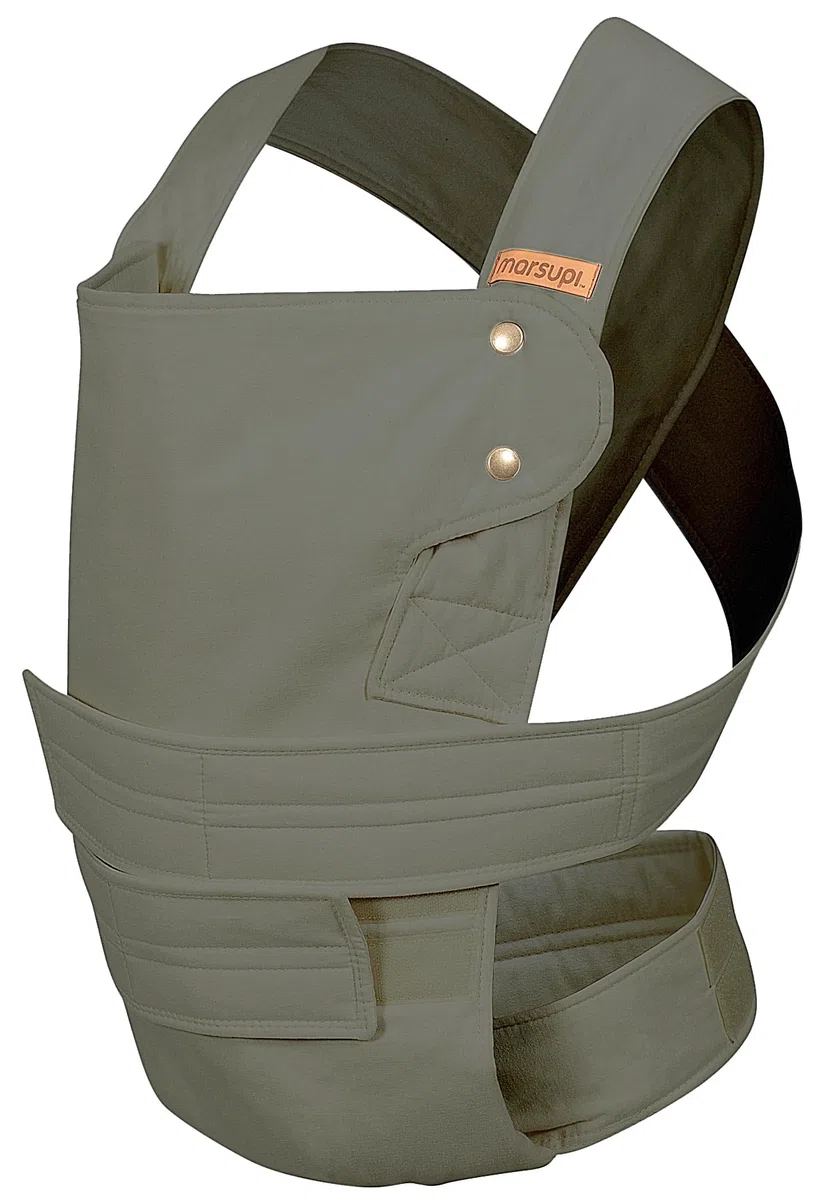 marsupi Babytrage für Neugeborene ab Geburt bis 15kg - kompakte Babytrage mit stabilem Klettsystem - aus luftigem Baumwoll-Leinen-Gewebe, Olive (L)
