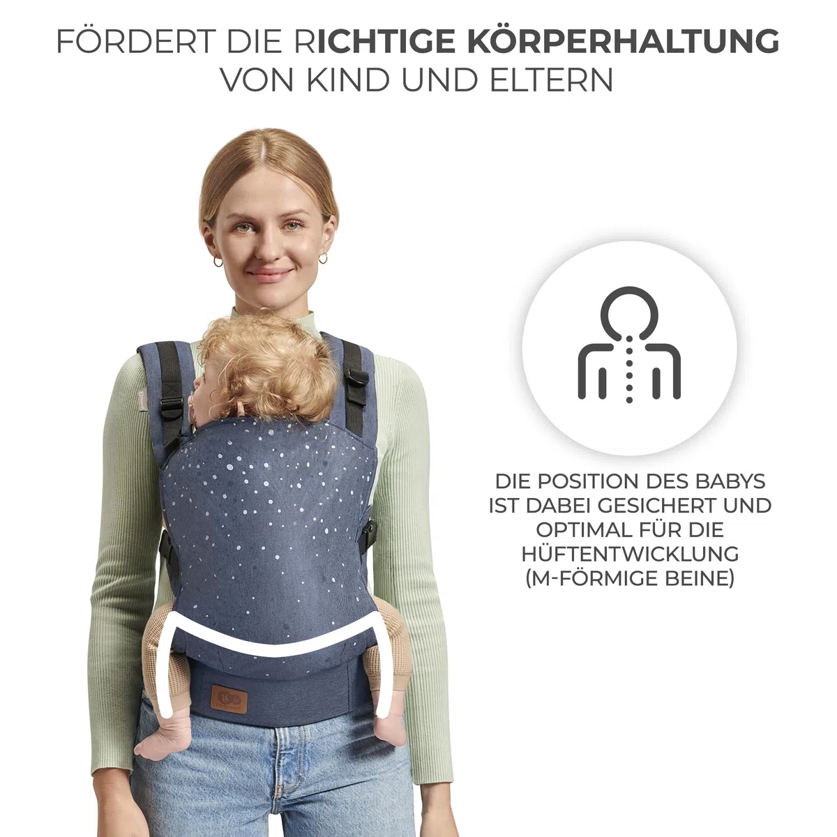 Kinderkraft Babytrage NINO CONFETTI, Rückentrage, Bauchtrage für Säuglinge und Kleinkinder, Baby Carrier, Kindertrage, Ergonomisch, aus Baumwolle, ab 3 Monate bis 20 kg, Blau