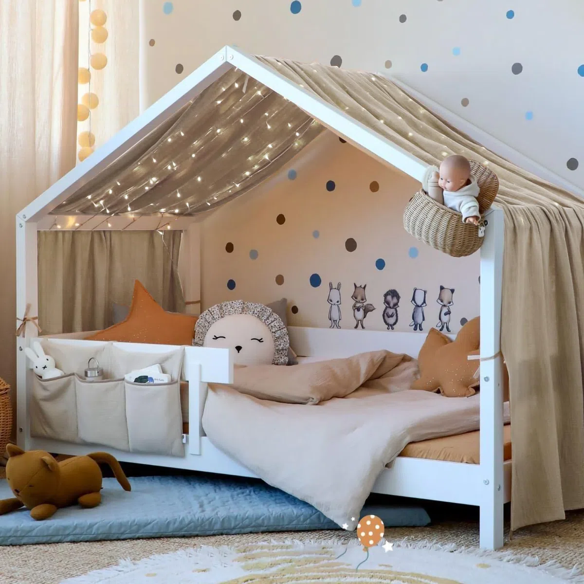 Vicloon Hausbett Himmel, Betthimmel Hausbett aus 100% Baumwolle Musselin Handmade, Stoffhimmel für Kinderbett Kinderzimmer, Betthimmel für Hausbett Deko Mädchen & Jungen, 135 x 360 cm, Beigegrau
