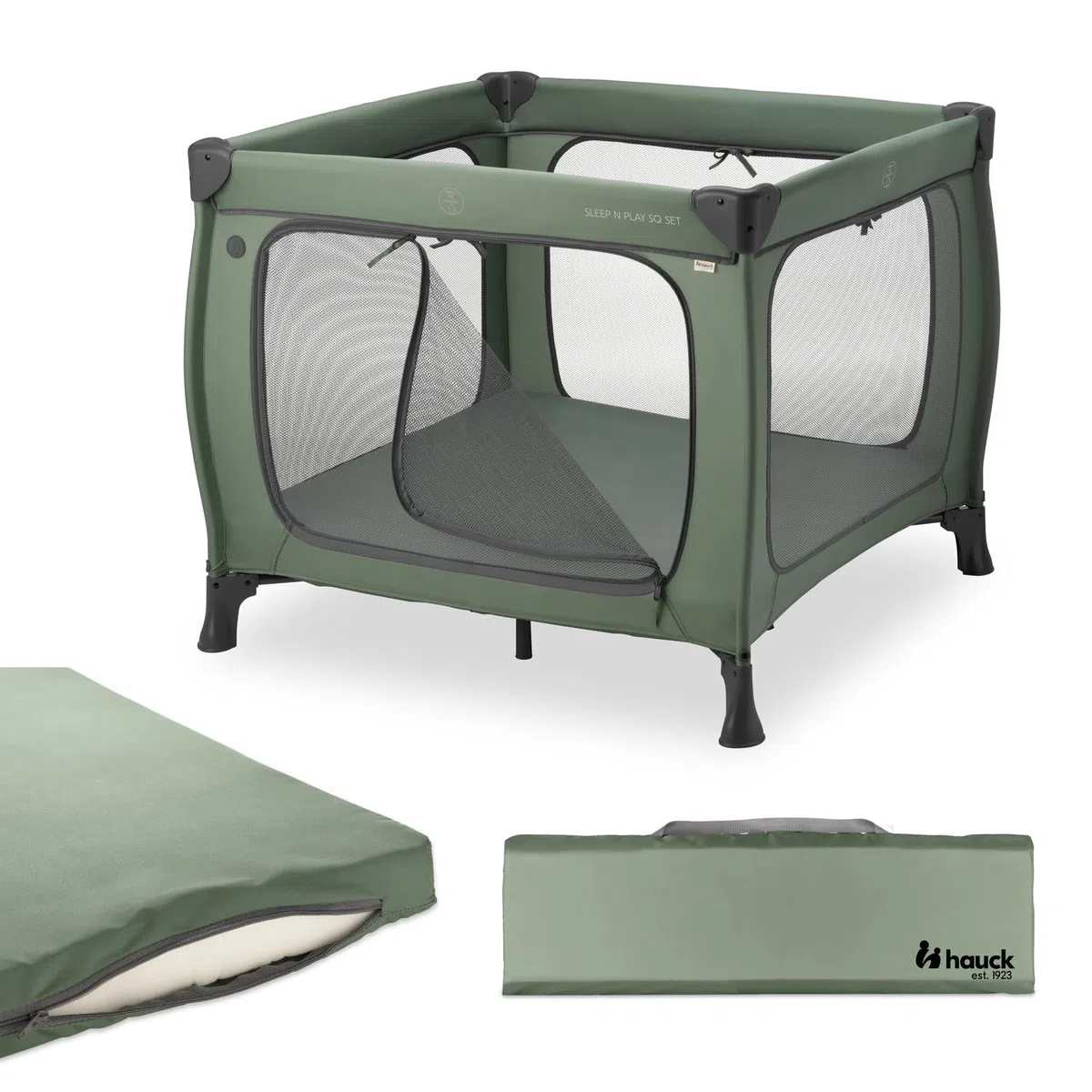 Hauck Quadratischer Reise Laufstall mit Matratze Sleep N Play SQ Dark Green | Klein zusammenklappbar mit Tragetasche & XL Spielöffnung ab Geburt bis 15 kg / 3 jahre, 2in1 Laufgitter & Reisebett