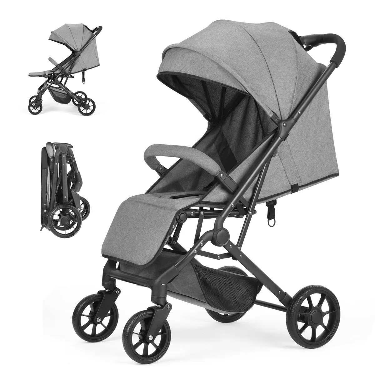 Faltbar Kinder-Buggy Kinderwagen, Regulierbarer 5-Punkt-Sicherheitsgurt, Zusammenklappen mit einer Hand, großes Verdeck, Robuster alle 4 Räder gedämpft, geräumige Sitz, Einkaufskorb (Grau)