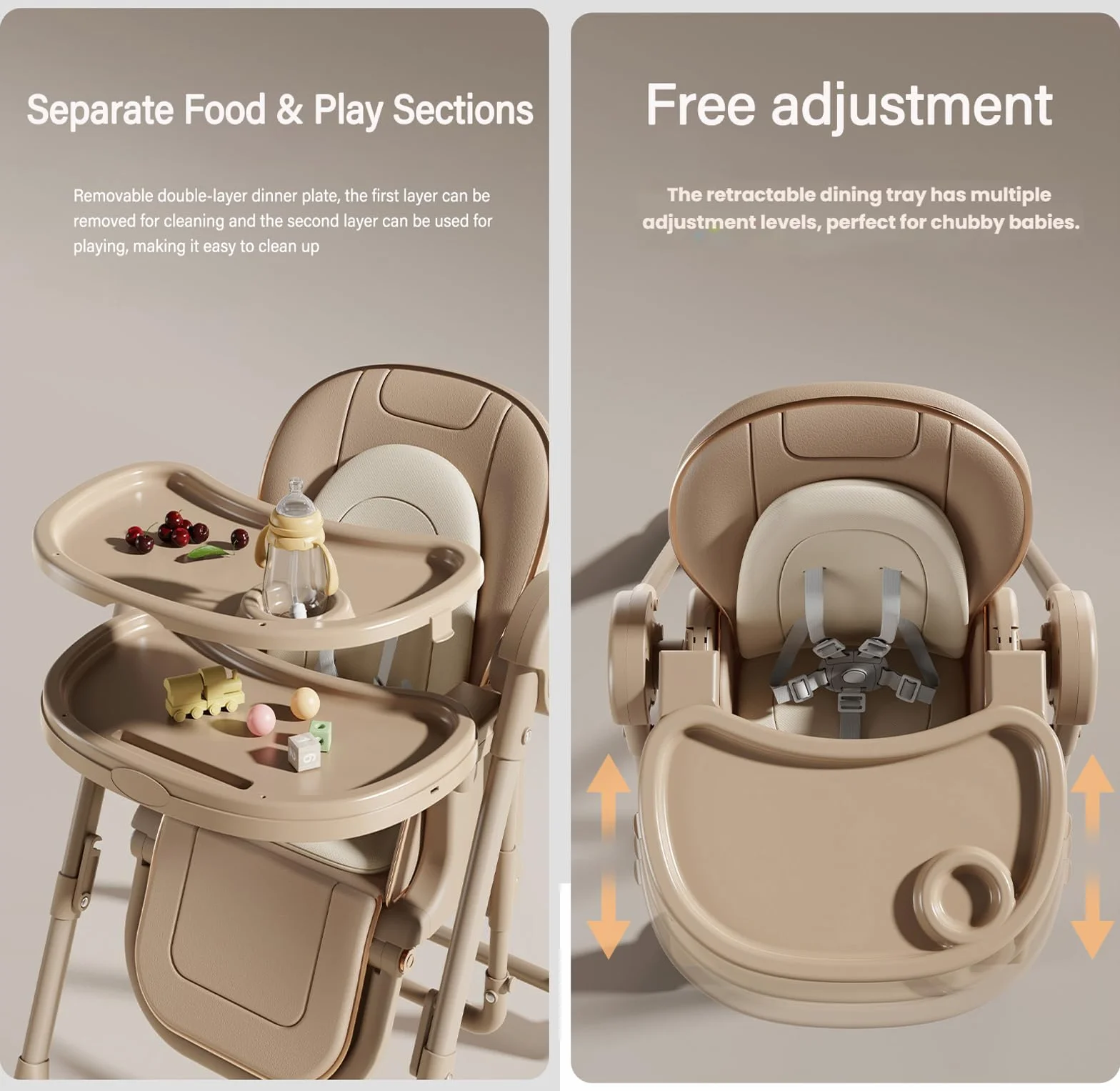 Magic ZC Elektrische Bluetooth Intelligent PU-Leder Baby-Hochstuhl Umwandelbar Faltbar Kleinkind-Esszimmerstuhl mit Verstellbaren Höhen und positionen mit Abnehmbaren Doppeltabletts (E8121 White)
