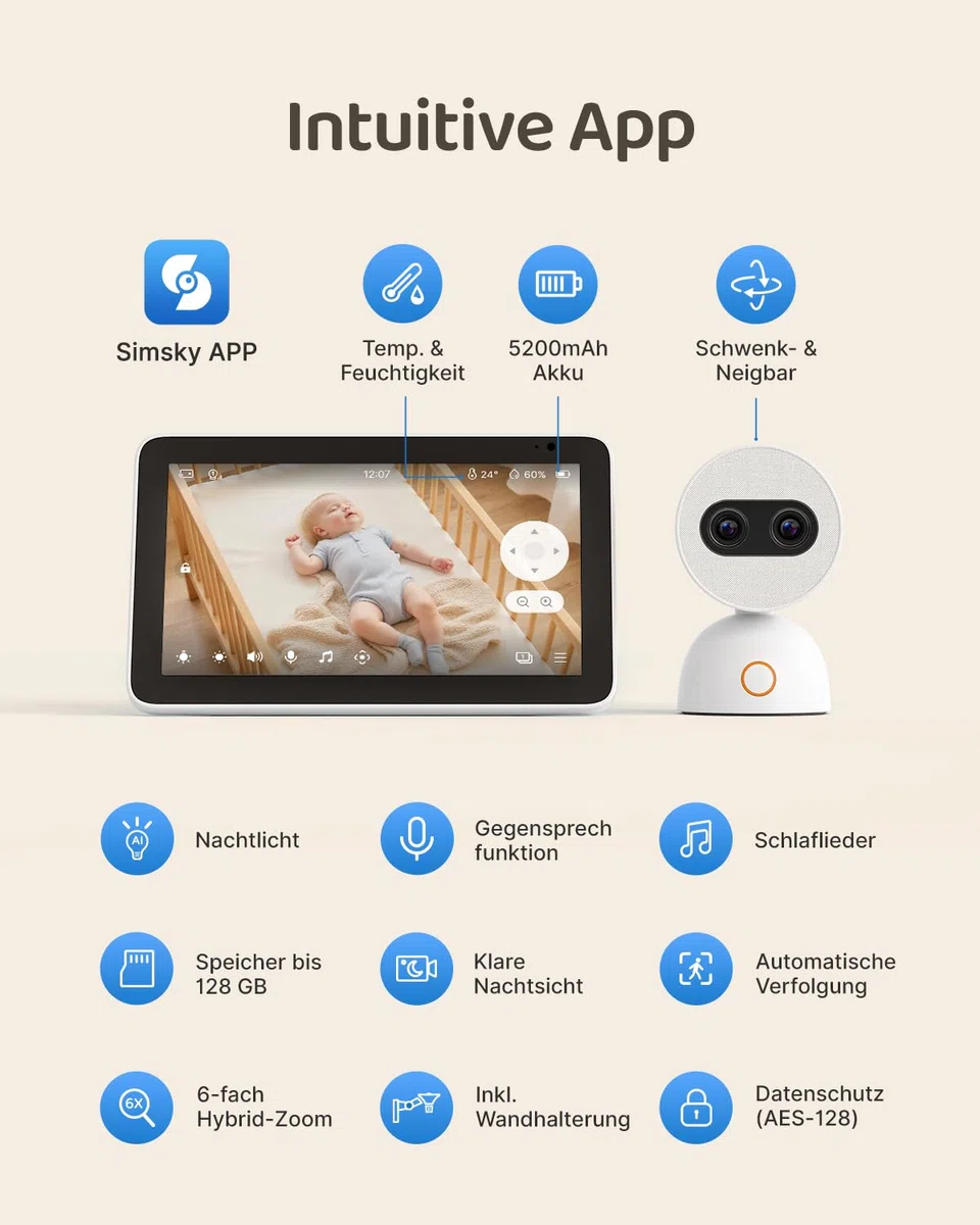 Babyphone mit Kamera 7" Touchscreen + Flexible Klemmhalterung Set | Praktisches Komplettset: 7-Zoll Babyphone-System inklusive flexibler Klemmhalterung für das Babybett.