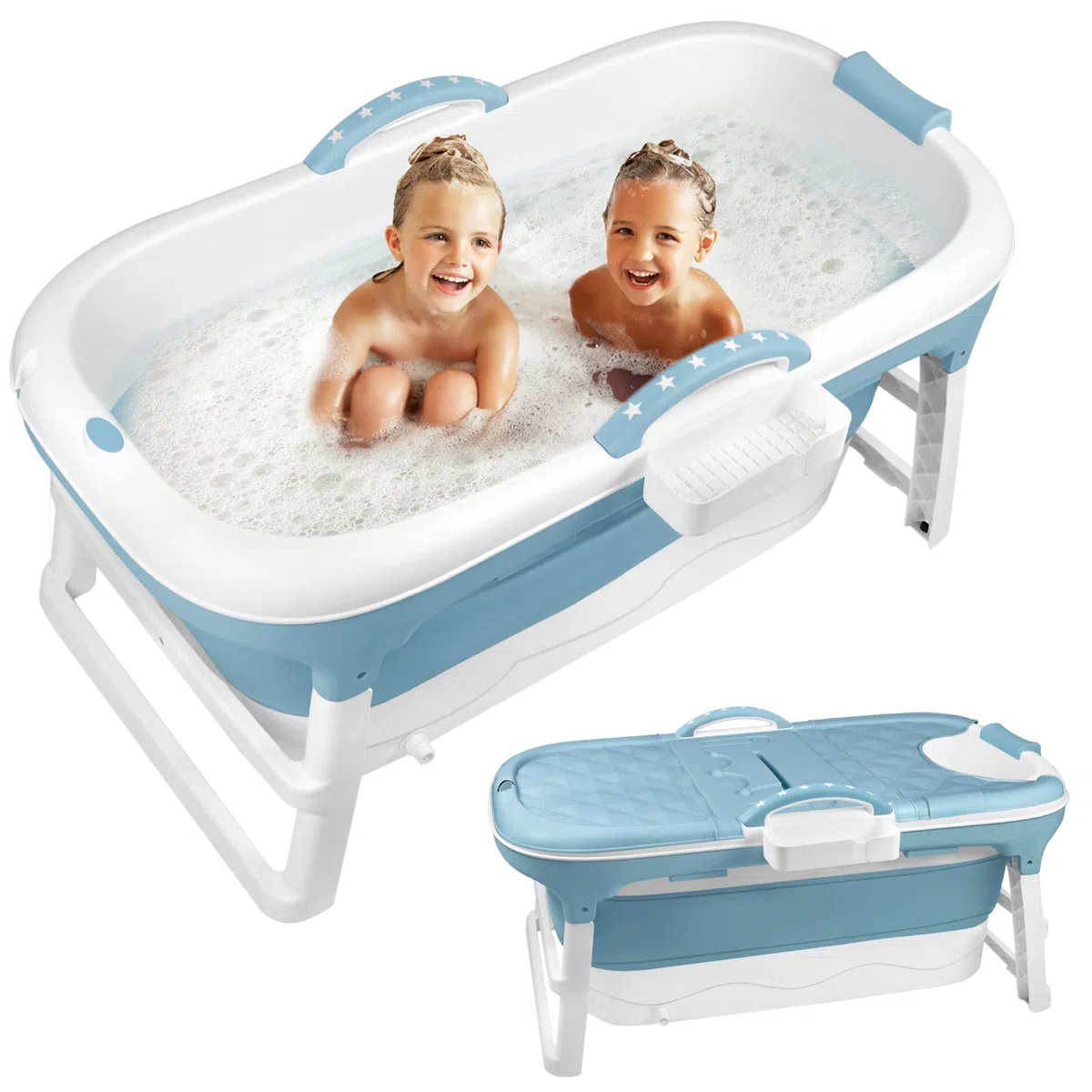 Faltbare Badewanne für Erwachsene Kleinkinder Kinder, Mobile Badewanne mit Abnehmbarer Bezug, Tragbare Badewannen Bathtub Blau, 118 x 60 x 53 cm