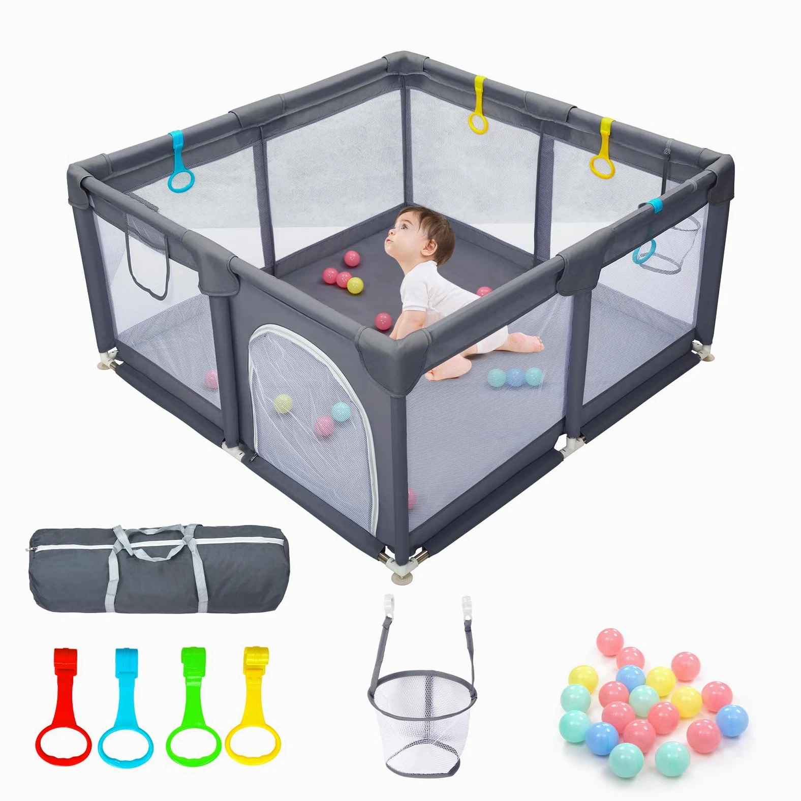 CHOLY Baby Playpen for Babies and Toddlers, Durable Play Pen with Visible Breathable Mesh, Foam Protection, Easy to Assemble Infant Fence -128 ×128cm(Dunkelgrau, 128 * 128cm)