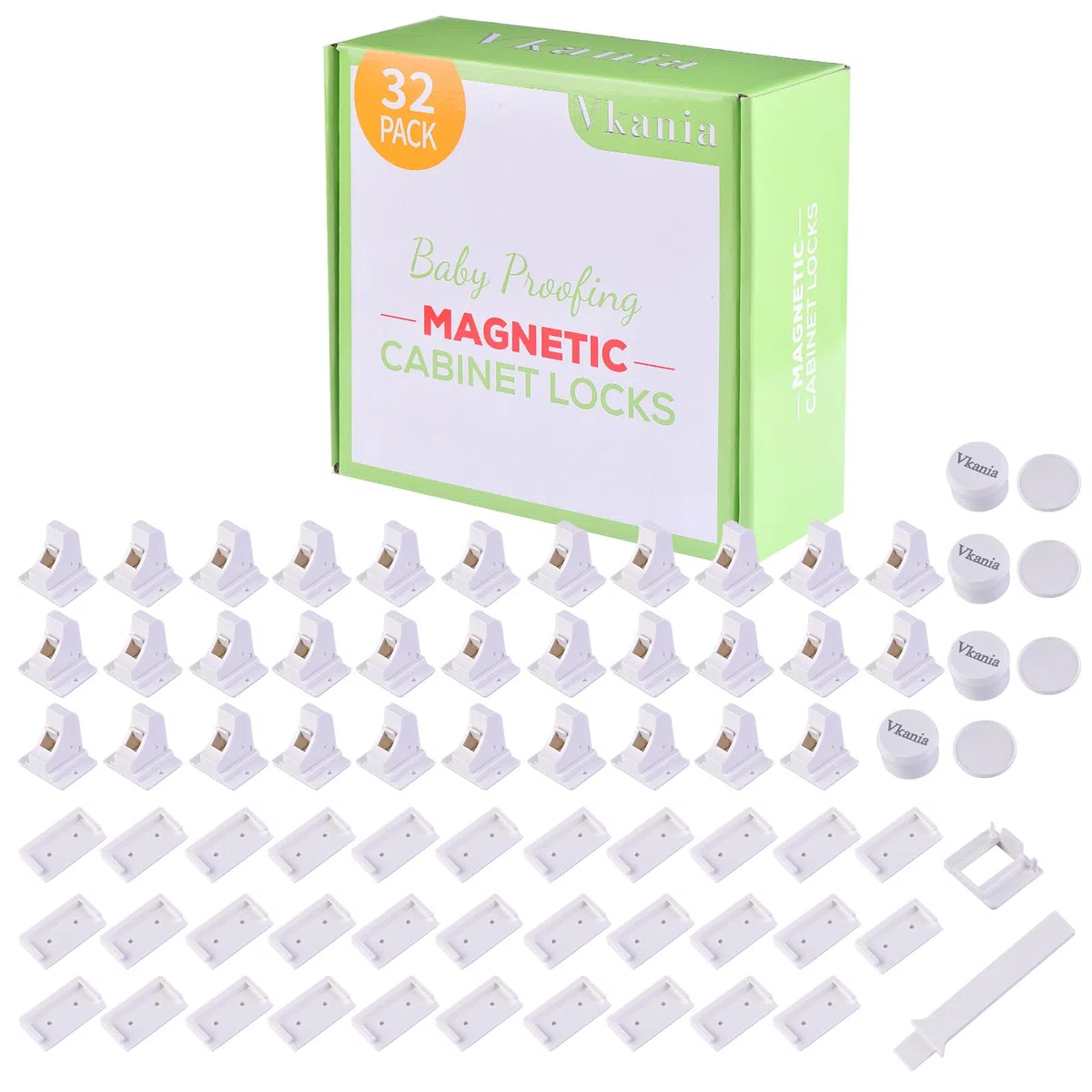 Magnetische Schrankschlösser, Kindersicherung, 32 Stück | Babysichere Kleberiegel für Küchenschränke & Schubladen, ohne Bohren, einfache Installation (32 Schlösser + 4 Schlüssel)