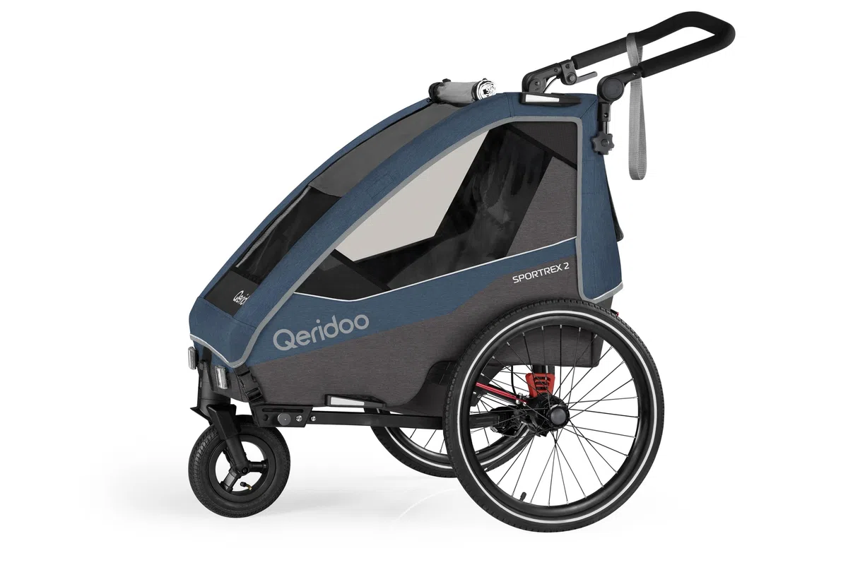 Qeridoo Sportrex Jeans Blue | Fahrradanhänger | Sicher & flexibel | Besonders gut als Trailer | Federung & 3-in-1-Verdeck | Fahrradanhänger Kinder | Fahrrad Anhänger | Kinderfahrradanhänger