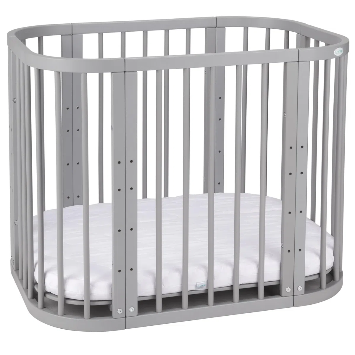 waldin Babybett 5in1, Beistellbett aus Holz, Matratze, Belüftet, Grau | Belüftet, Boden 5-fach verstellbar, Mitwachsend, Wiegefunktion optional