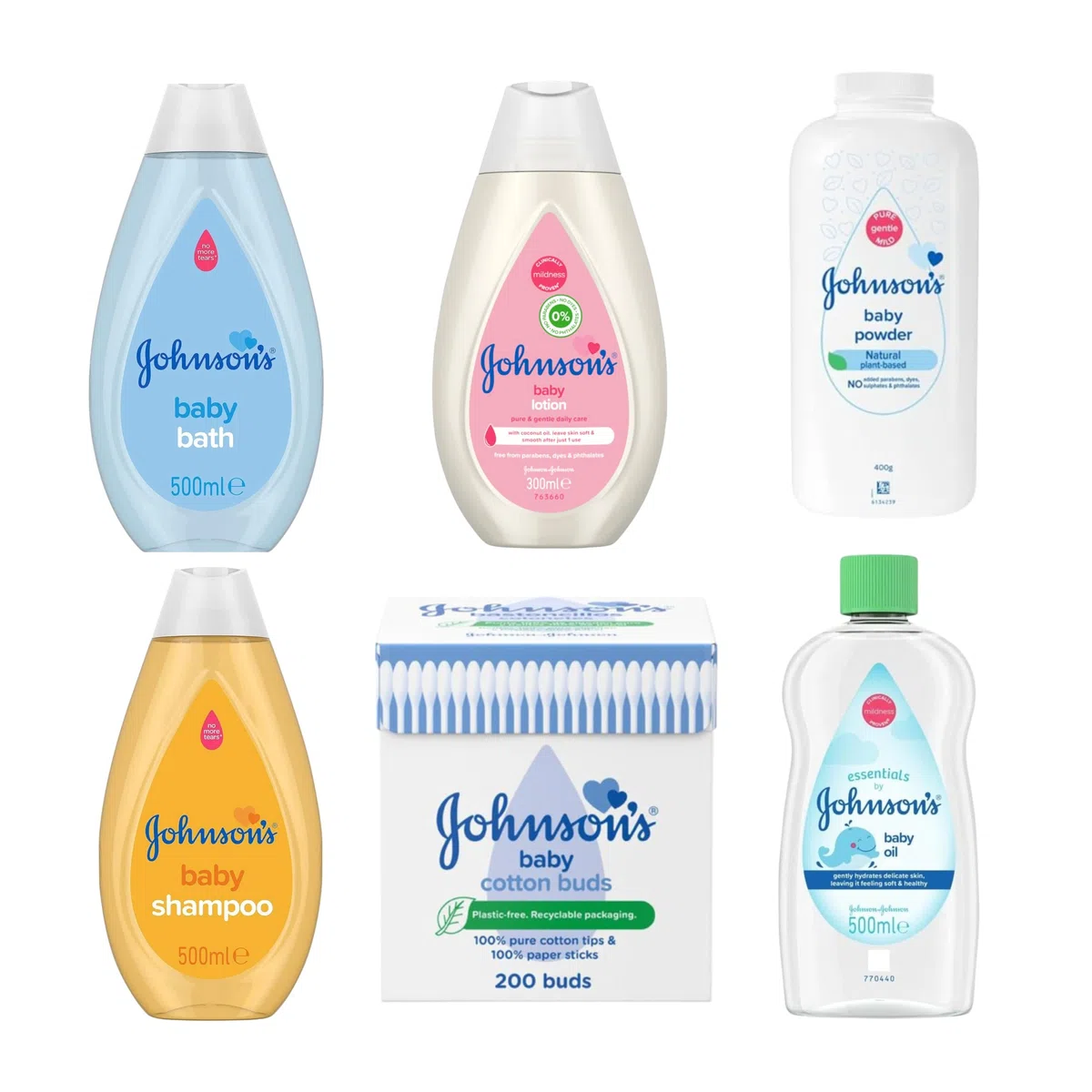 Johnson's Baby Bath Time Bundle & Baby Cotton Buds 200: Sanfte tägliche Pflege Babyshampoo, Babyöl, Babylotion, Babypuder & Babybadewanne Set Komplette Pflege für die zarte Haut Ihres Kleinen