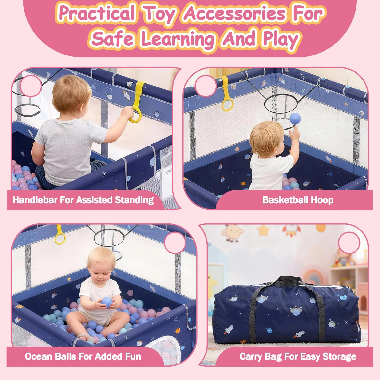 Laufstall Baby 130 x 130 x 66 cm, Laufgitter Baby, Laufstall mit Zugringen, Bällen, Atmungsaktivem Netz, Rutschfestem Boden, Sicherheitsspielplatz Schutzgitter für Kinder (Cartoon,130CM)