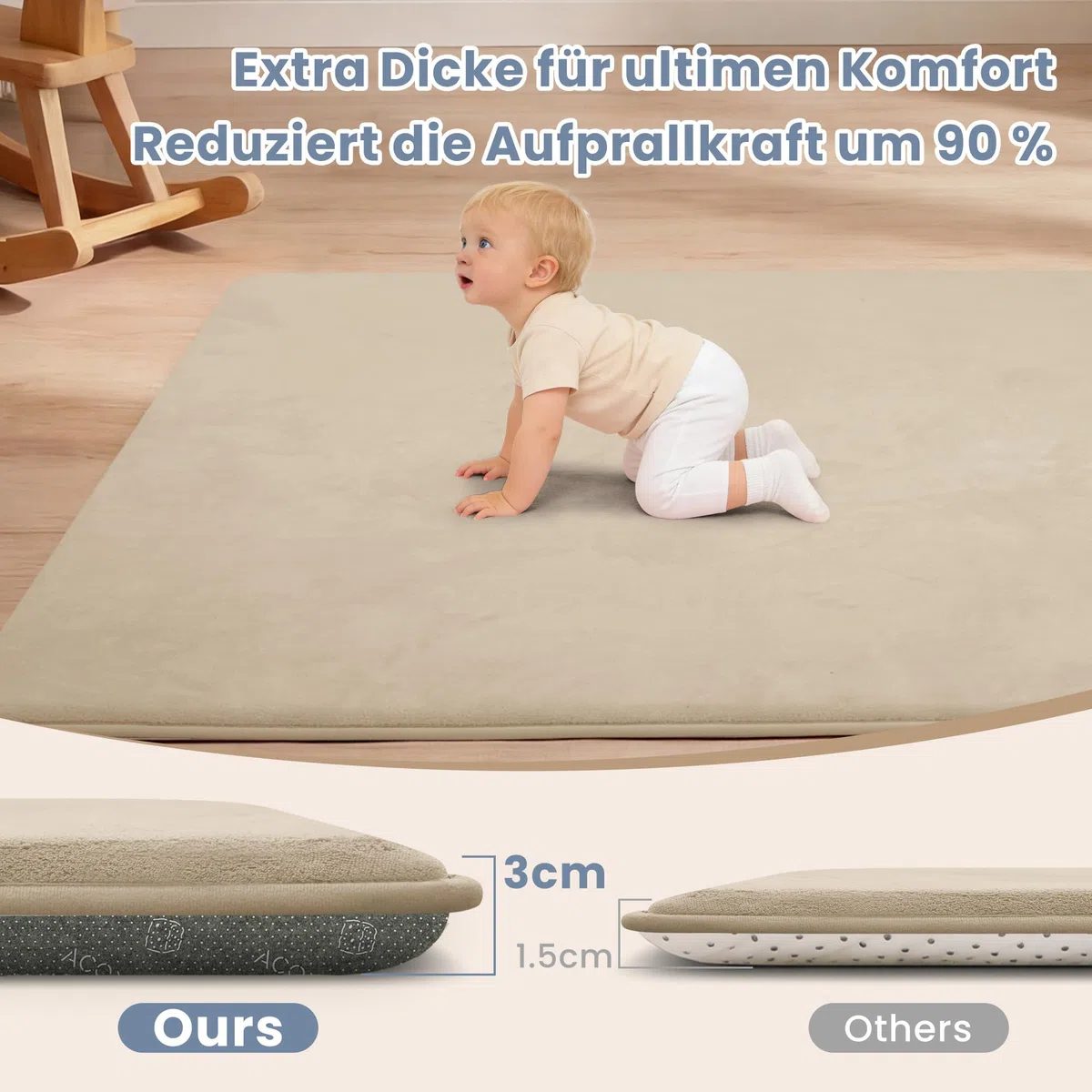 ACOMOPACK Baby Spielmatte, 3cm dick großer rutschfester Kinderteppich,Memory-Schaumstoff samtweiche Krabbelmatte für Bauchlage (Khaki, 150 x 180 cm)