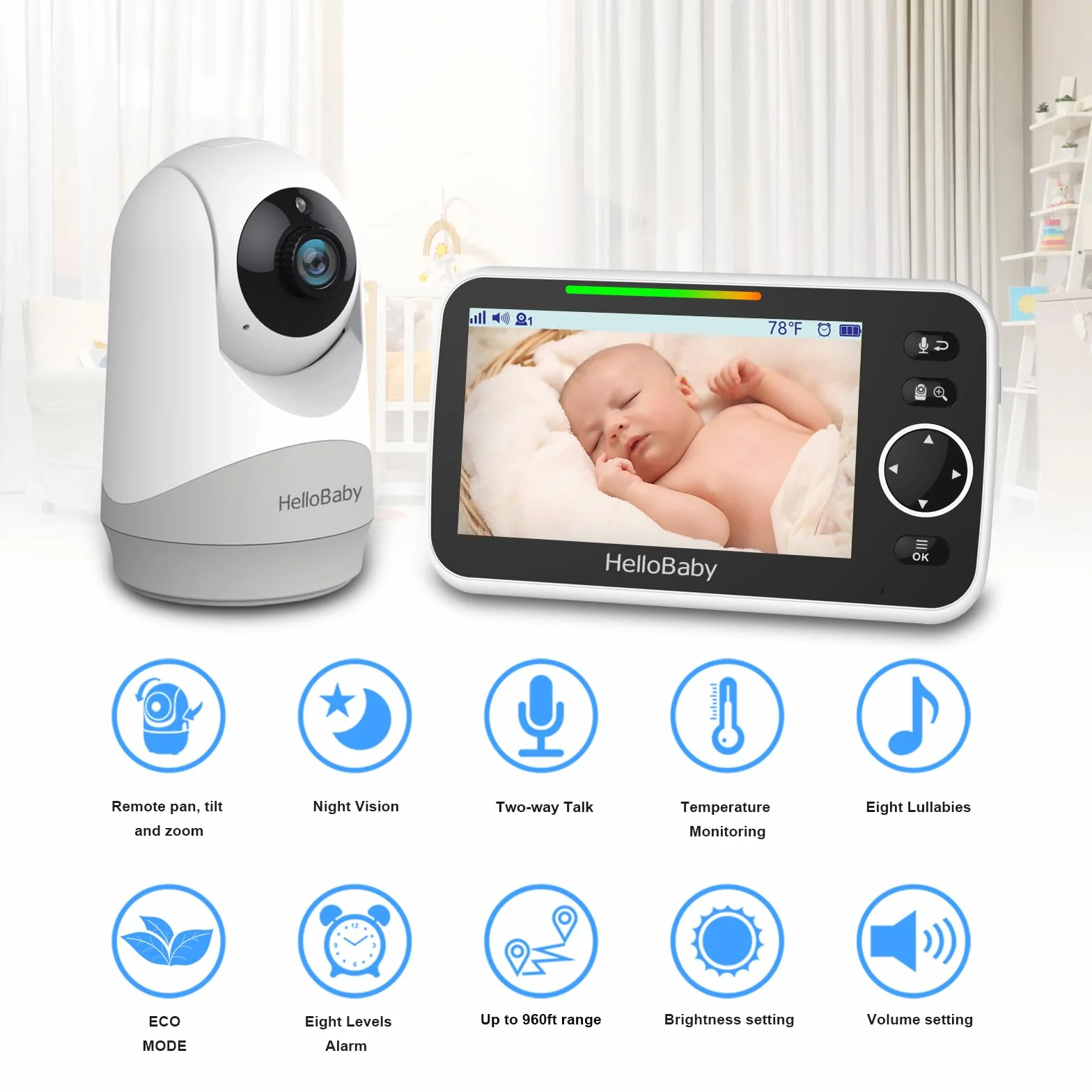 HelloBaby Monitor mit Kamera und Audio, 5-Zoll-Großbildschirm mit 3500-mAh-Akku, Ferngesteuerte Pan-Tilt-Zoom-Kamera, Zwei-Wege-Gespräch, ECO-Modus, automatische Nachtsicht, Reichweite bis zu 293 m