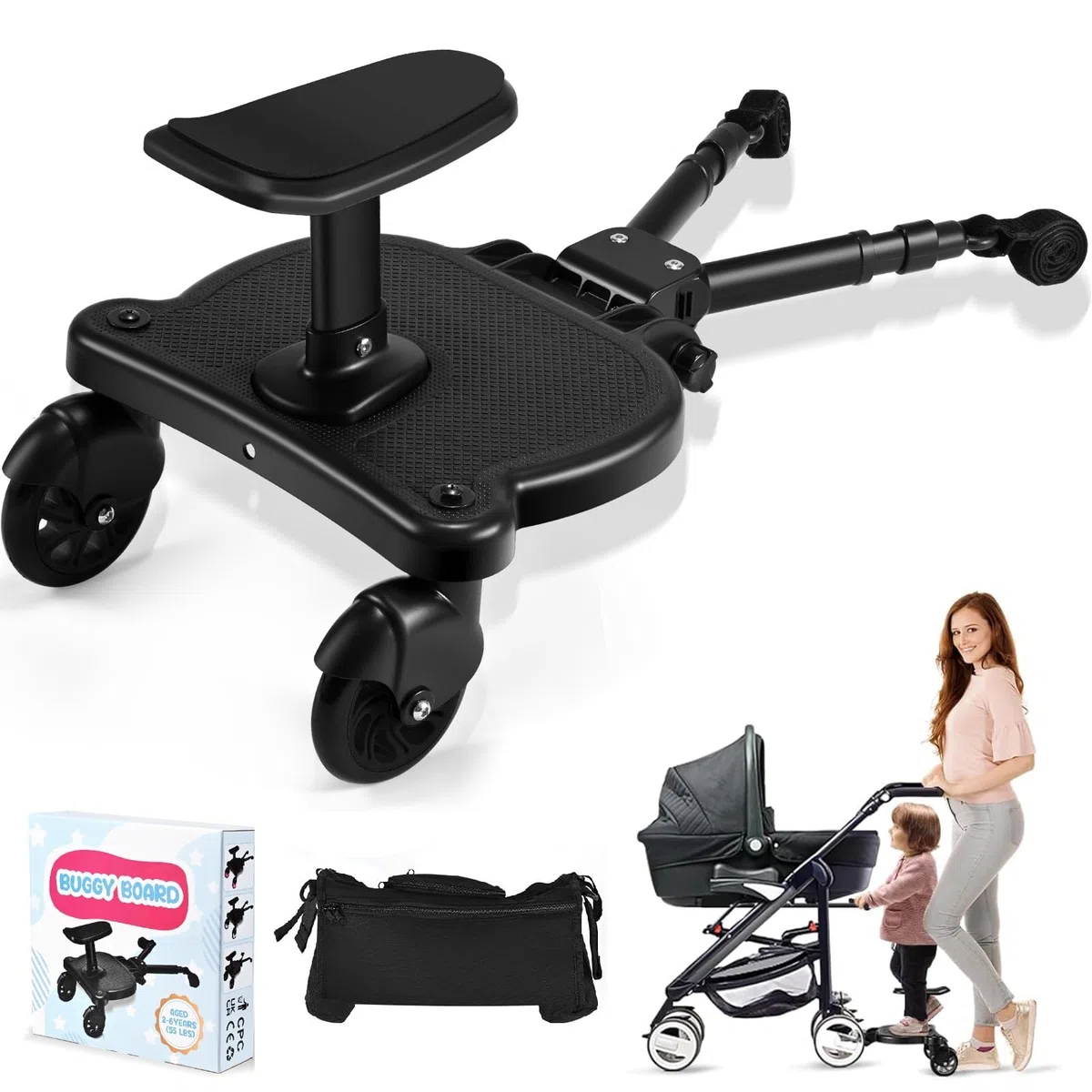 Mevip Buggy Board mit Sitz, Trittbrett Mitfahrbrett Universal, Kinderwagen Board mit Kinderwagen Organizer und Aufhängegurt,für 99% der Kinderwagen, Bearing 25KG