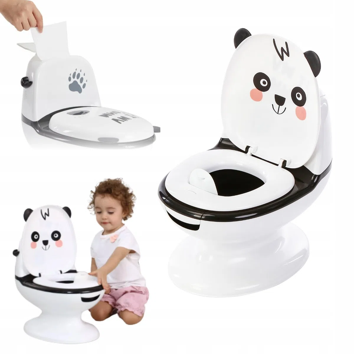 Primabobo Interaktiver Kindertopf PANDA mit Spülgeräusch, Lerntöpfchen für Kinder mit herausnehmbarem Einsatz, Deckel und Rückenlehne, ergonomischer Toilettentrainer ab 18 Monaten
