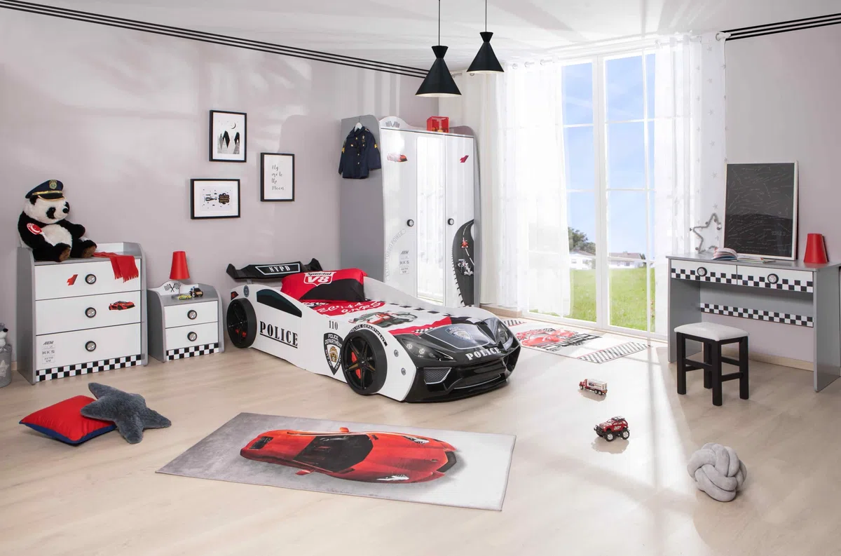 Kinderzimmer Komplett Set Jugendzimmer Kindermöbel 5 teilig mit Autobett Police (ohne Matratze)