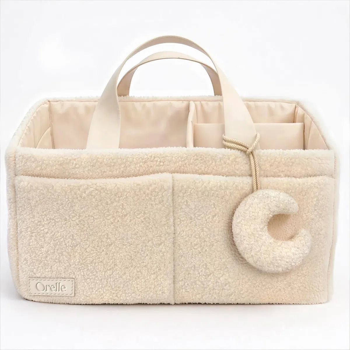 Orelle Bouclé Wickeltisch-Organizer mit passender Tasche und Mondanhänger, tragbarer Wickeltisch-Organizer, Must-Have für Babypartys, cremefarben