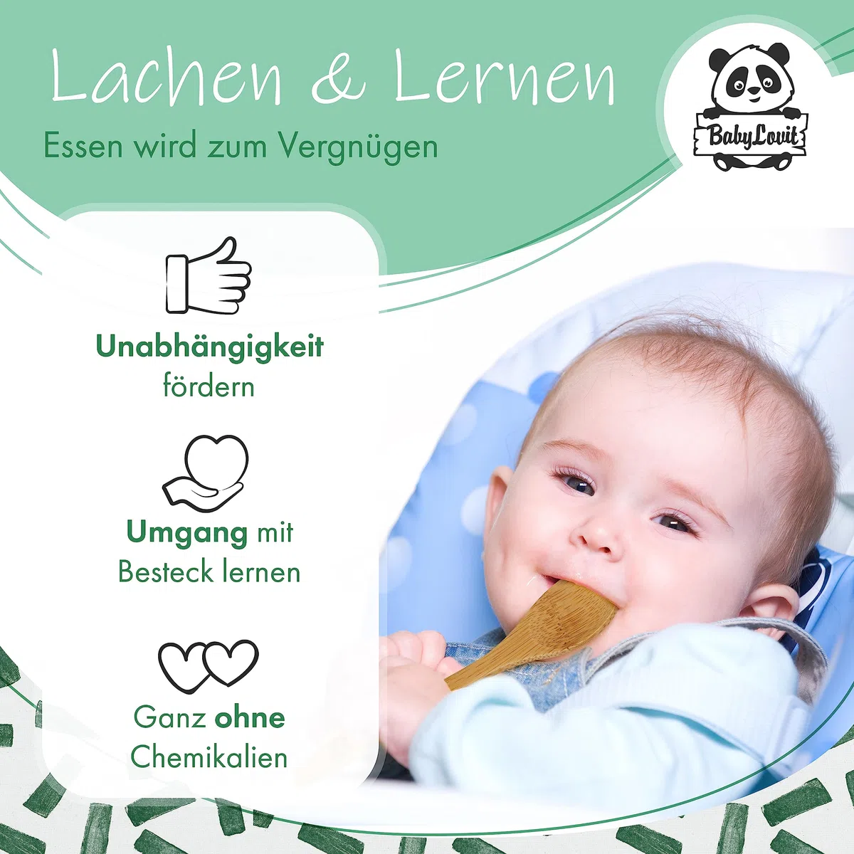 Bambus Kinderteller | TÜV Geprüfter Baby Teller mit Saugnapf & Esslernbesteck | BLW Beikost Zubehör | Esslernlöffel Baby Melamin & BPA frei | Kinder Teller mit Saugnapf | Kinderbetseck