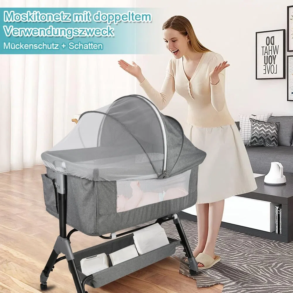 Kedia Babybett, Beistellbett, Kinderbett mit Moskitonetz, Kinderreisebett mit Rollen, 4 Höhenverstellung, Babybetten Stubenwagen, 104 * 52 * 103-115cm (grau)