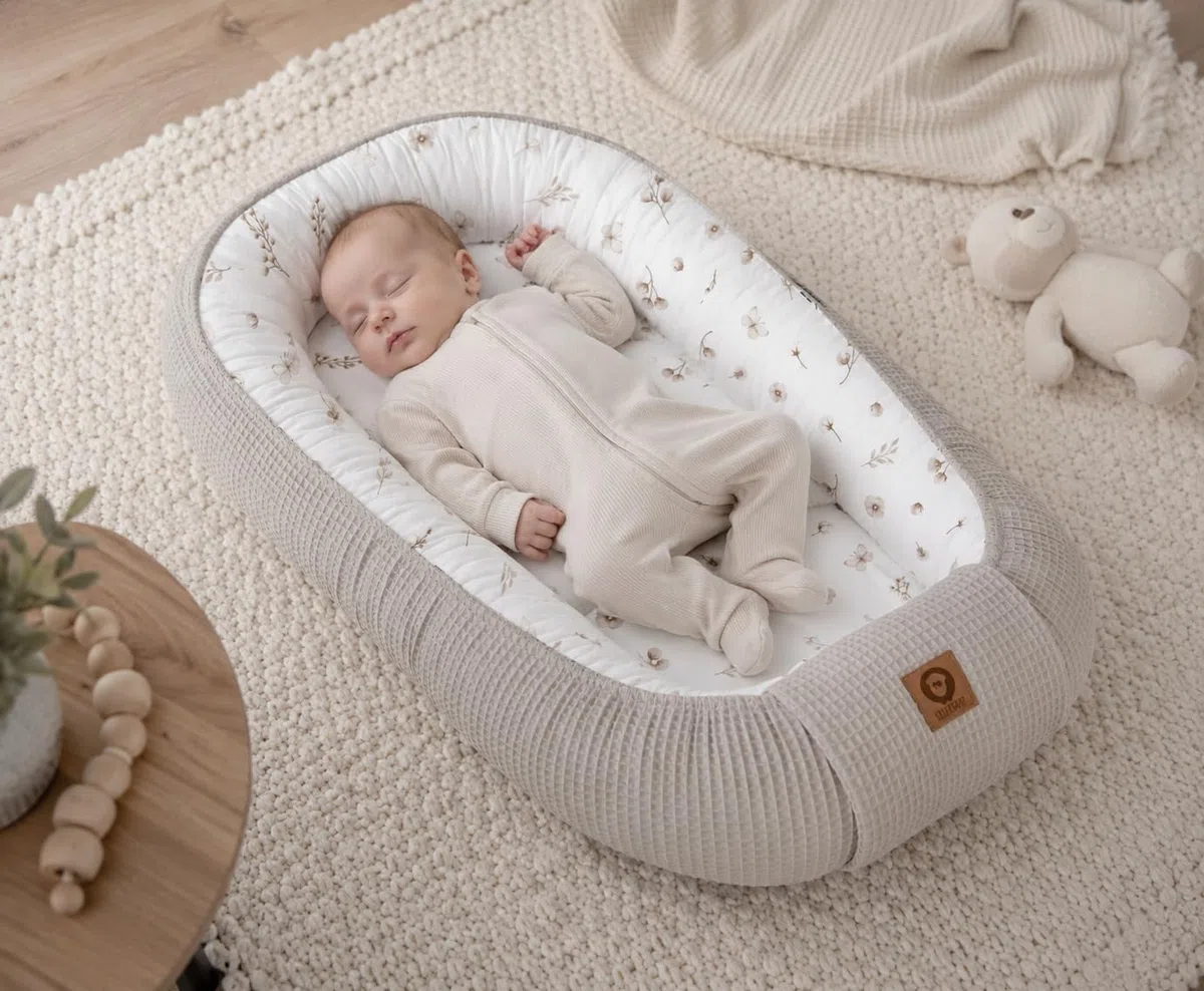 Babynestchen Neugeborene – Nestchen Baby aus Waffel Baumwolle & Baumwollstoff – Babynest für Babybett & Kinderbett – Baby Kokon Tragbar – OEKO-TEX zertifiziert – Zubehör für Babybett - Tauwiese + Sand