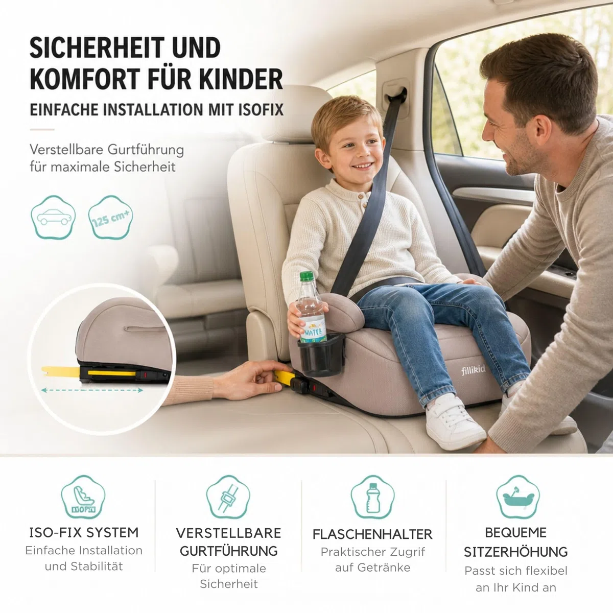 Fillikid Kindersitzerhöhung ohne Isofix, Autositzkissen für Kinder 125-150 cm 22-36 kg 6-12 Jahre