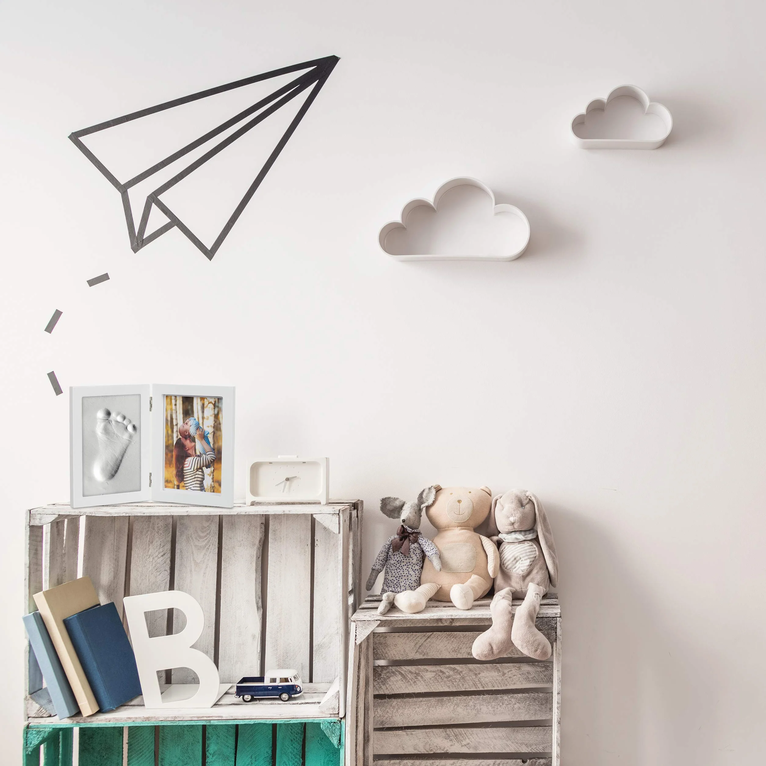Relaxdays Babybilderrahmen mit Gipsabdruck, Set für Handabdruck oder Fußabdruck, DIY Babyabdruck mit Rahmen, weiß