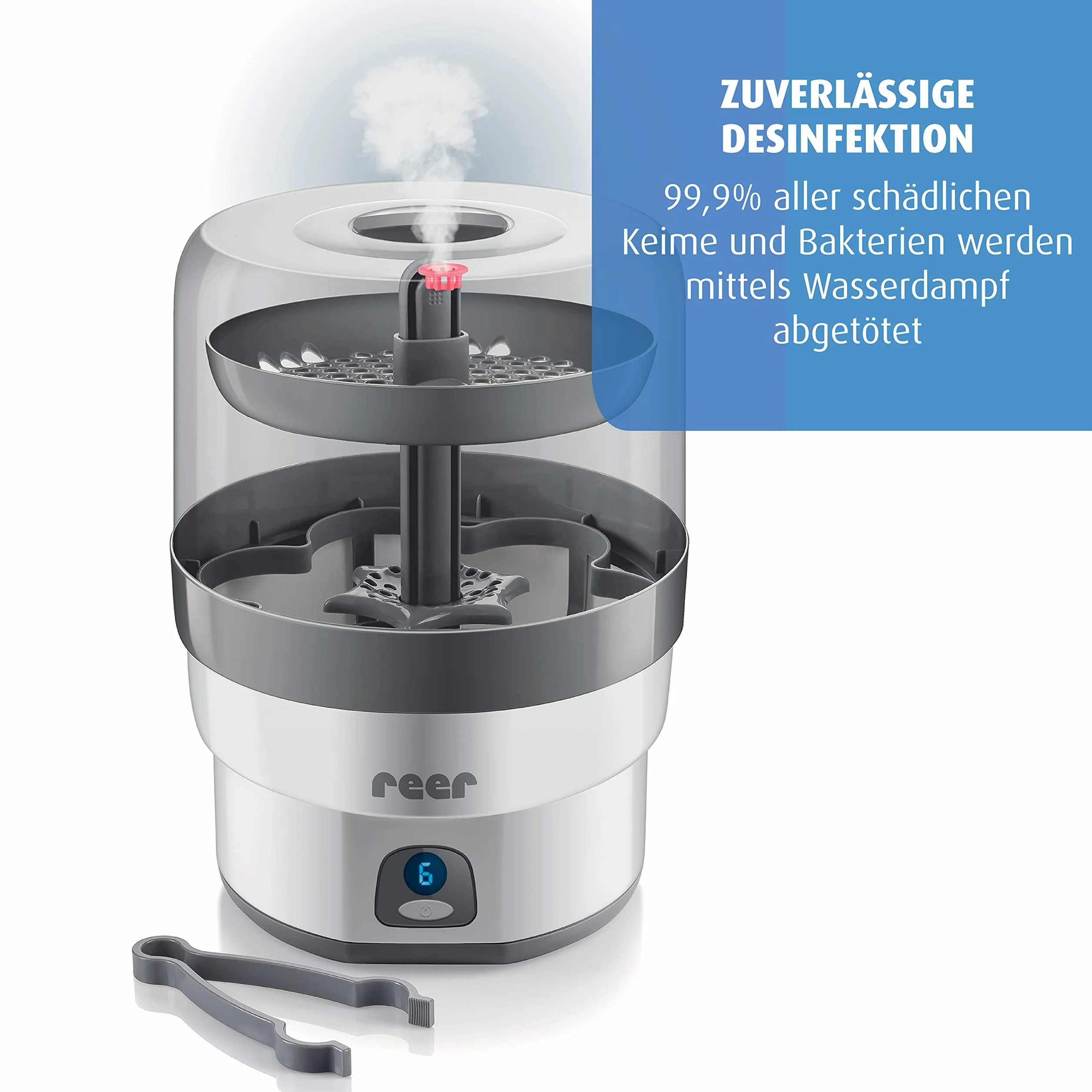 reer Vapomax Vaporisator | Babyflaschen Sterilisator, Dampfsterilisator für bis zu 6 Flaschen, Desinfektion von Babyfläschchen, Schnullern, Beißringen und Zubehör in nur 10 Minuten, ohne Chemikalien