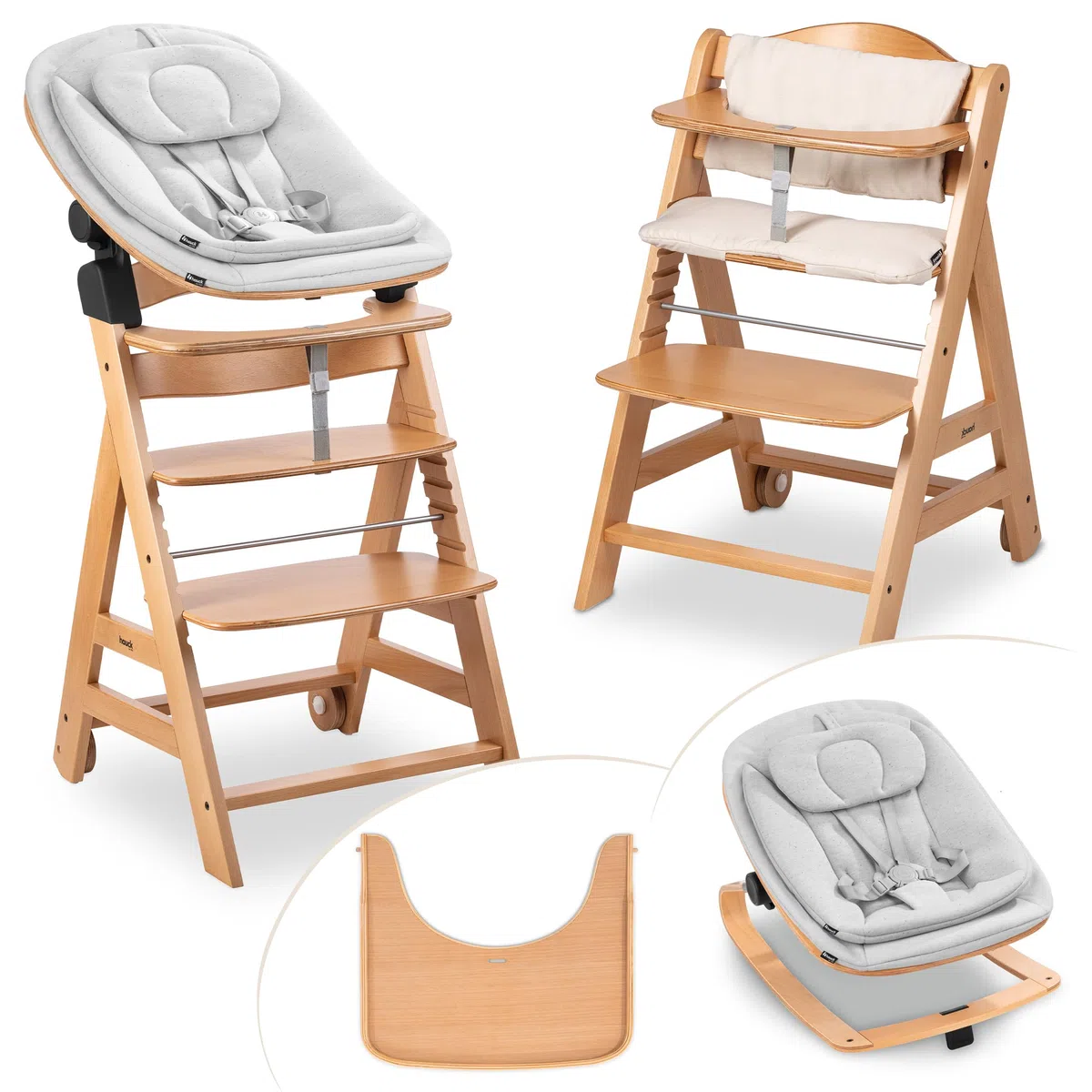 Hauck Beta+ Hochstuhl Newborn Set mit Eco Bouncer Natural - Mitwachsender Holz Kinderhochstuhl mit Rollen ab Geburt bis 90 kg inkl. Neugeborenenaufsatz, Essbrett & Sitzkissen