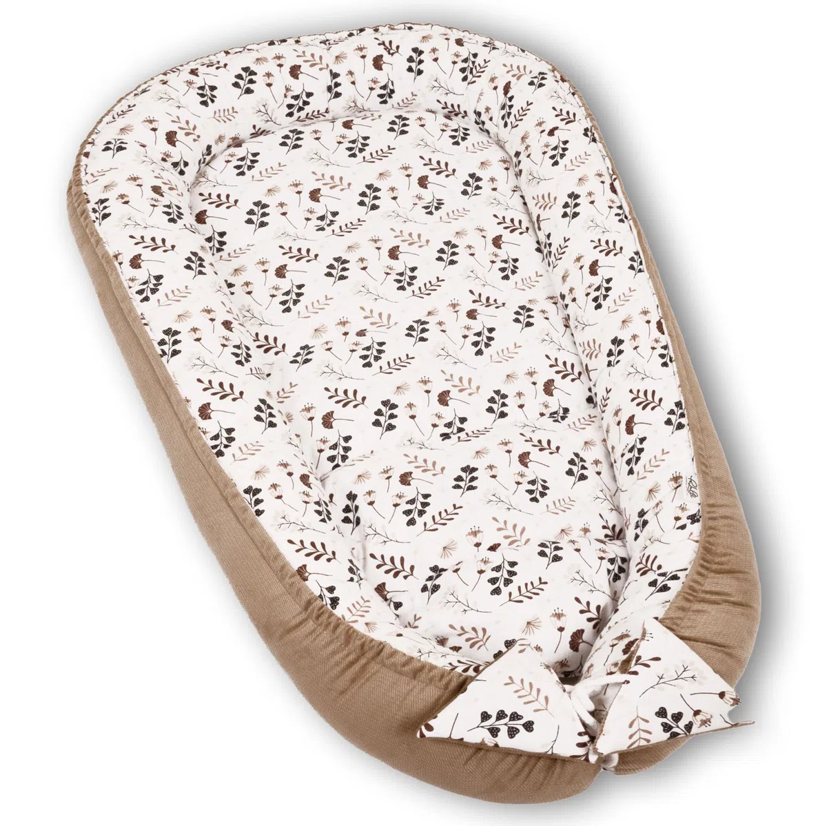 PaLulli Premium 5 teilig Babynestchen Set Babynest 95 x 55 herausnehmbare Einlage Kuschelnest Krabbeldecke Einsatz Bett Babys Neugeborene 100% Baumwolle & Samtstoff Öko Tex (Beige Pflanzen)