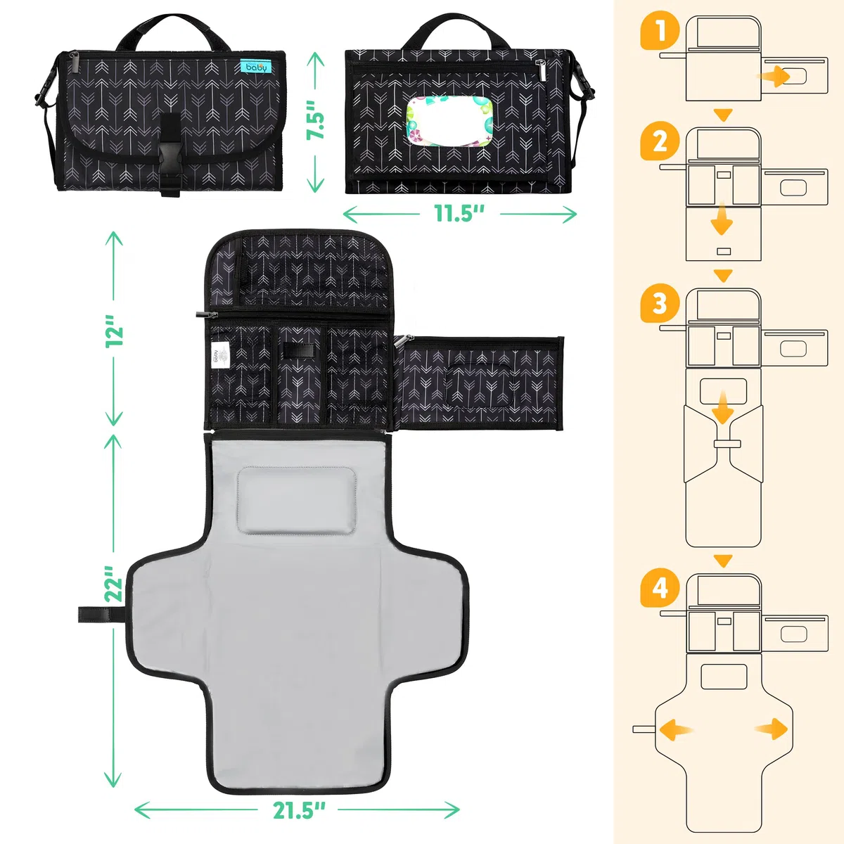 Kopi Baby Tragbare Wickelunterlage – Baby-Wickeltasche mit Feuchttüchertasche, intelligentes Design, tragbare Wickelunterlage, Baby-Reisestation, Geschenk für neugeborene Mädchen und Jungen, schwarze