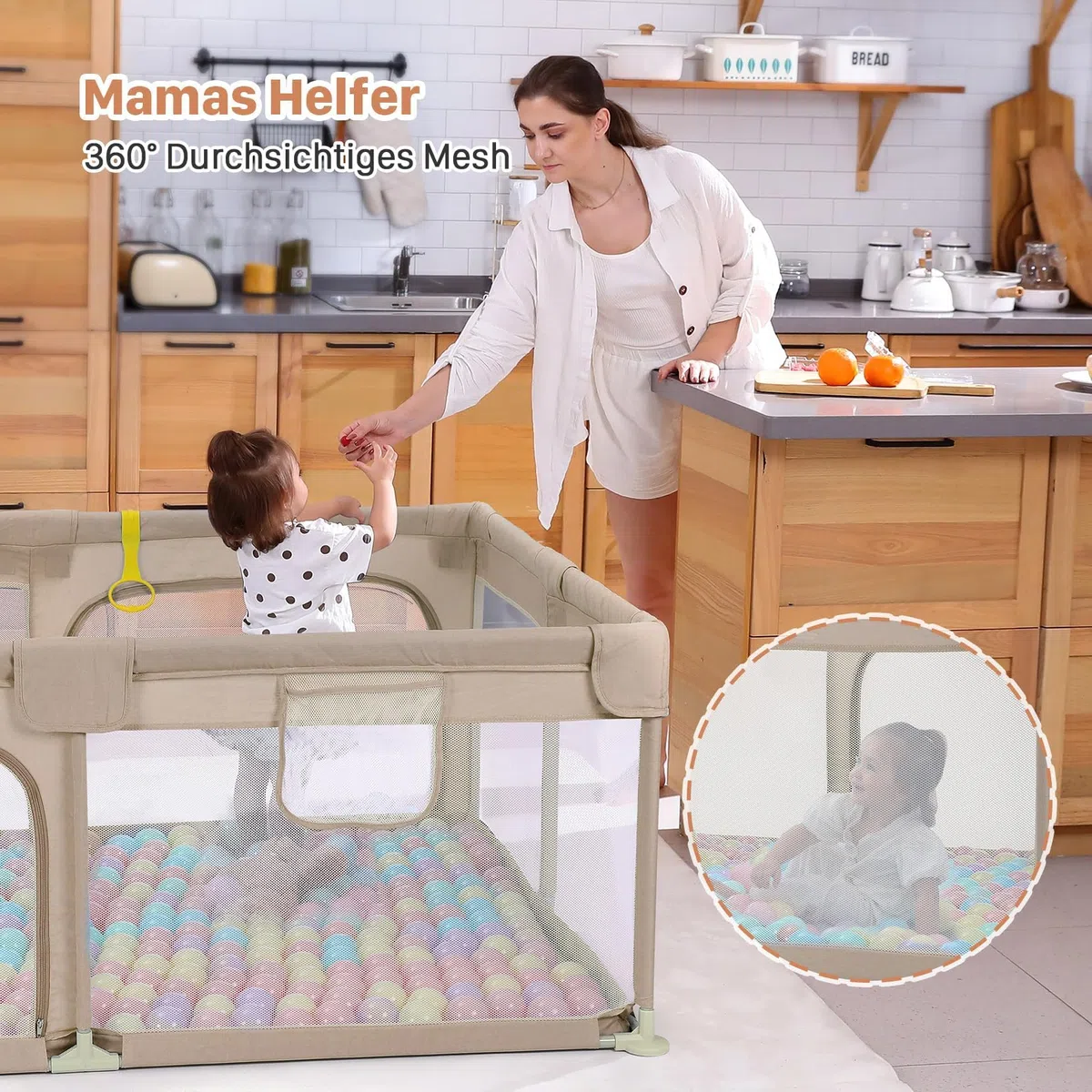 Dripex Laufgitter für Babys, Laufstall mit atmungsaktivem Netz, Spielgitter für Babys, 5 Laufgitterringe, 120 x 180 cm, Braun | 120 x 180 cm, atmungsaktives Oxford-Gewebe, 5 Ringe