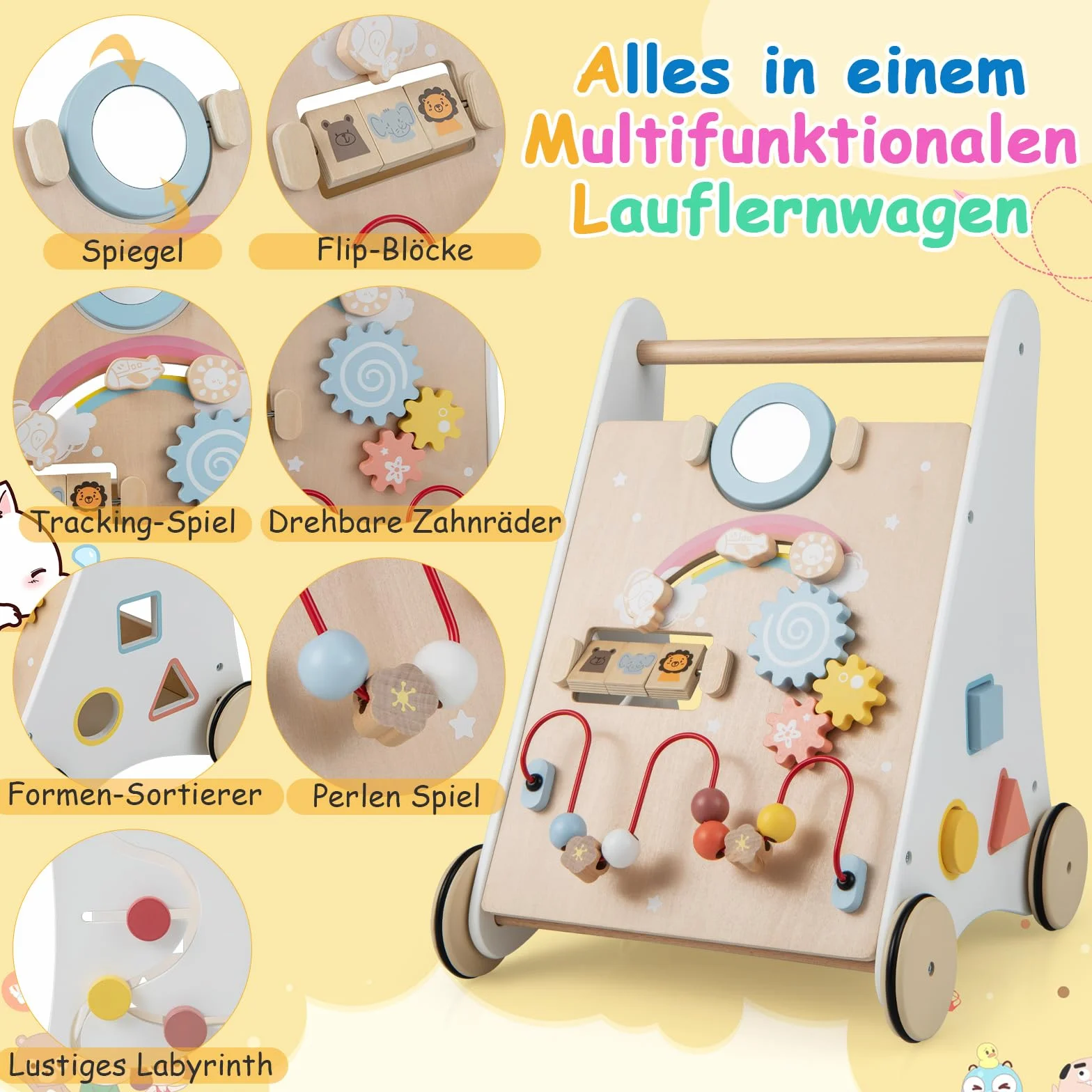 COSTWAY Lauflernhilfe aus Holz, 7 in 1 Lauflernwagen mit Spielbrett, Spiegel & Bauklötzen, Laufwagen zum Schieben mit Aufbewahrungsbox, Laufhilfe Baby ab 1 Jahr (Weiß + Natur)