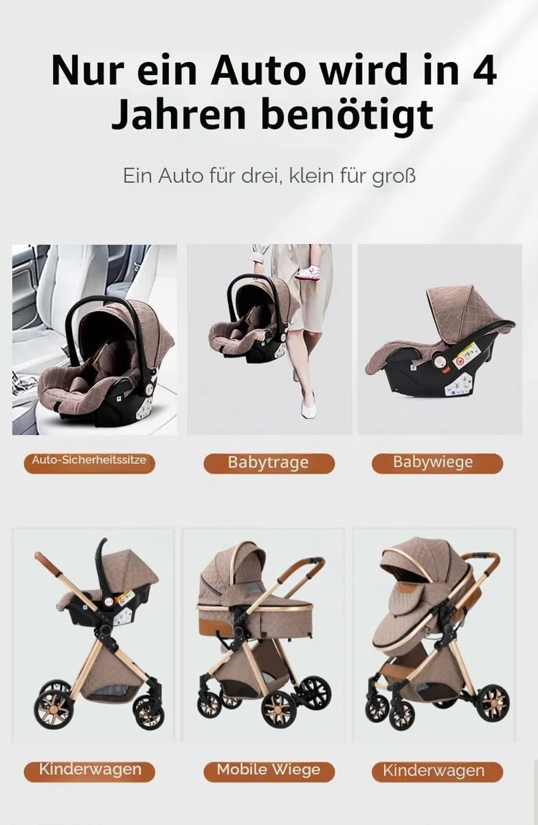YAZOCO kinderwagen 3 in 1, Zusammenklappbar kinderwagen mit Wickeltasche,Komplettset Becherhalter,Moskitonetz, Fußabdeckung,Sitzzubehör (4 grau)