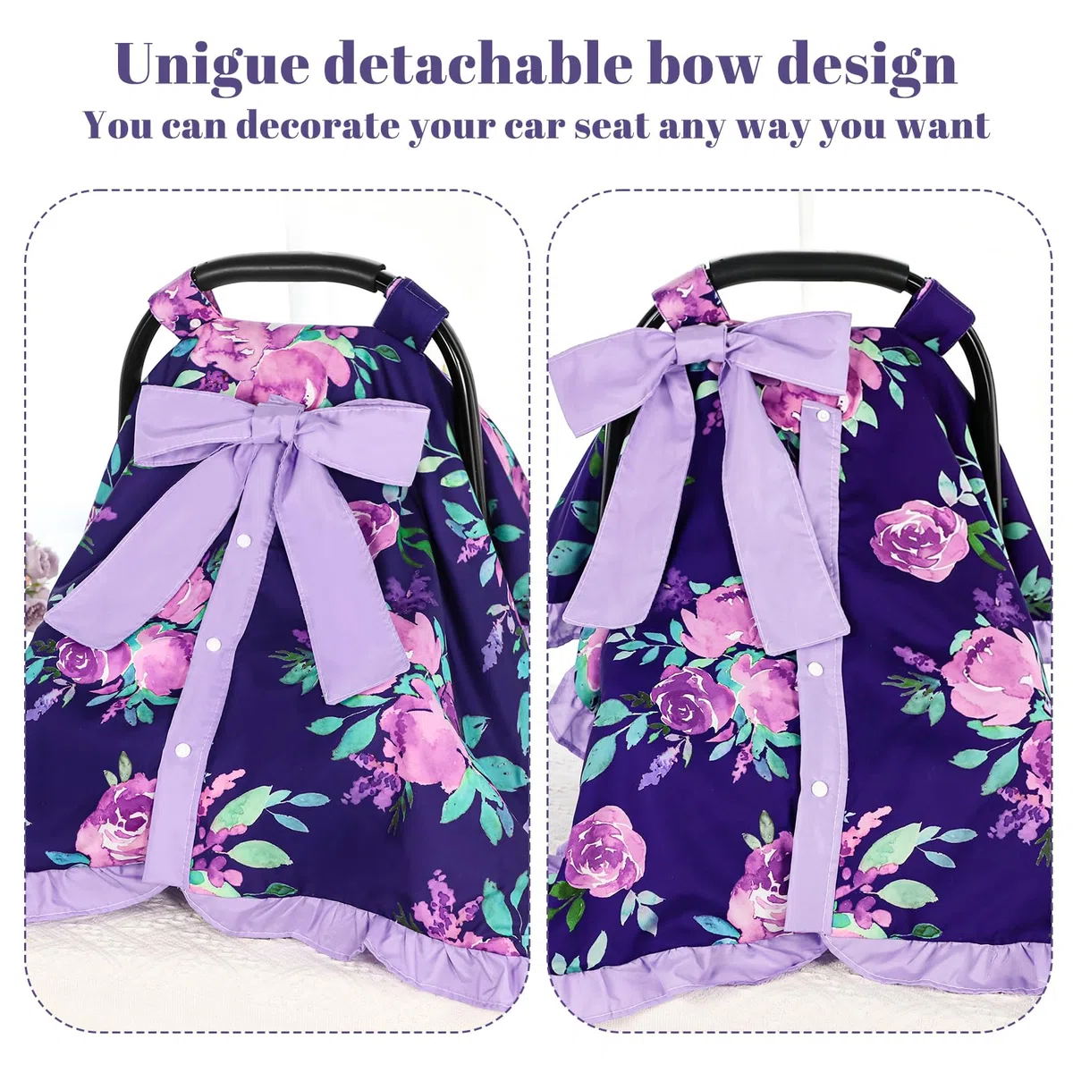 TANOFAR Ruffle Baby Mädchen Autositzbezug, Peekaboo Öffnung Autositzbezug für Babys, weiche und atmungsaktive Babytrage Baldachin, Mehrzweck-Babytrage, lila Blume