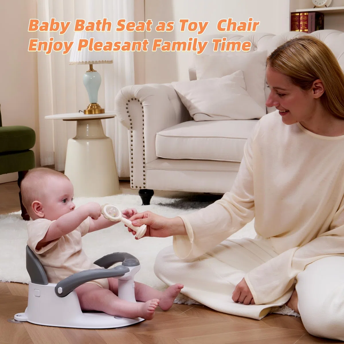 Baby-Badewannensitz für Babys ab 6 Monaten, sitzend, Baby-Badewannensitz mit Temperaturalarm und rutschfestem Kissen, Kleinkind-Badesitz für Badewanne (Baby-Badewannensitz, weiß)