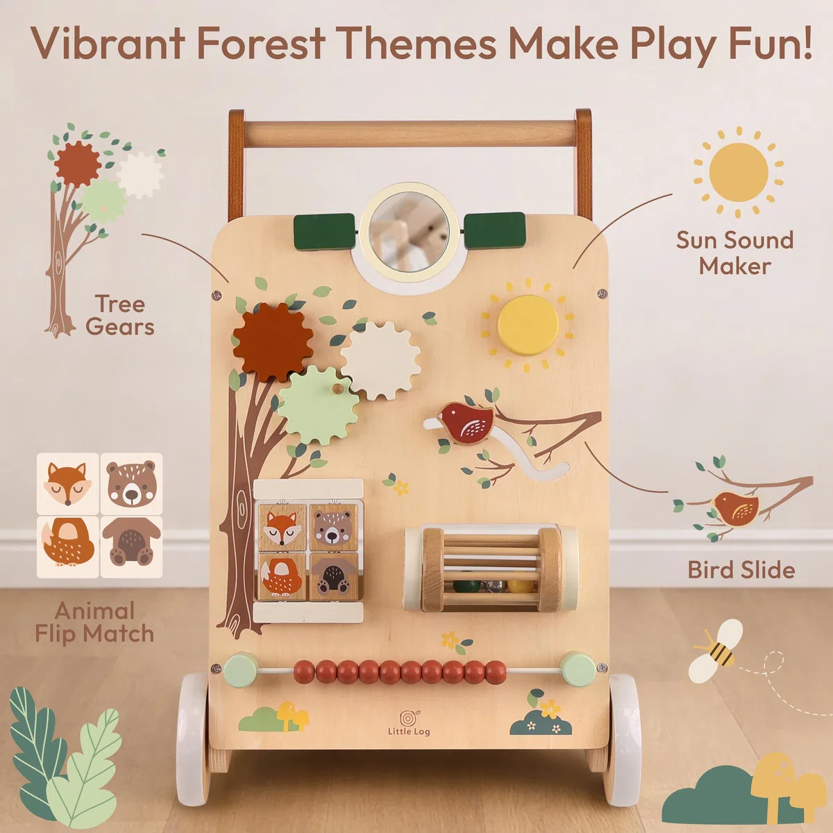 Little Log Lauflernwagen Holz, Baby Lauflernhilfe mit Activity Center | Multifunktionales 9-in-1 Montessori Spielzeug mit Rädern Gehhilfe & Baby Walker Geschenk für Mädchen und Jungen ab 1 Jahr