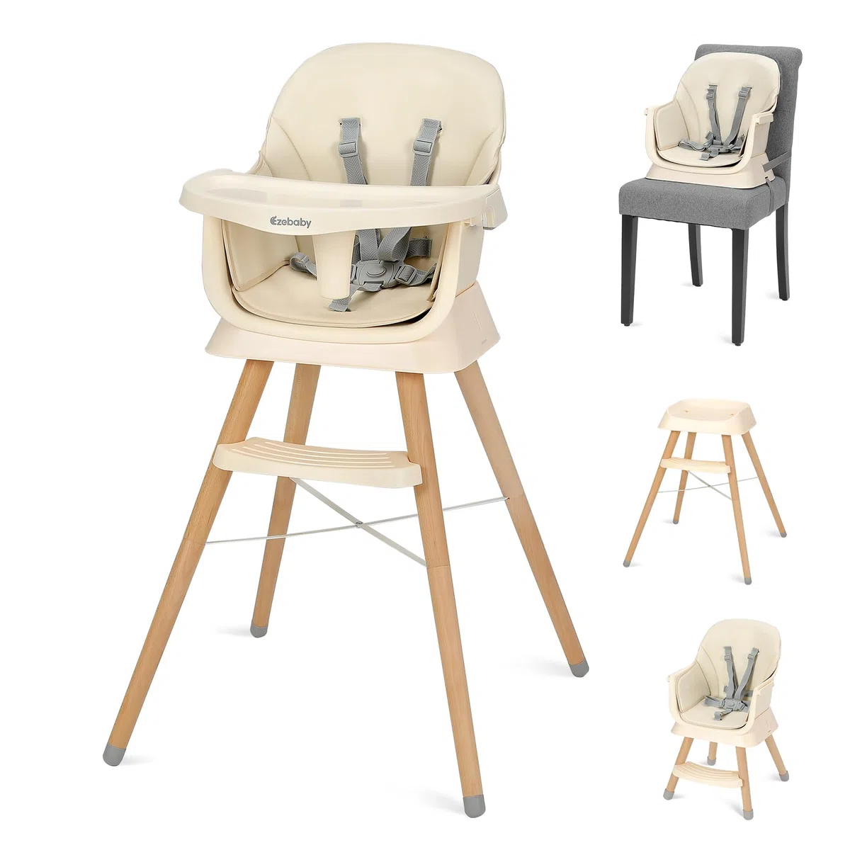 Ezebaby Hochstuhl baby 6 in 1 Sitzerhöhung Kinderstuhl Barhocker, Multfunktional Kinderhochstuhl, Beine aus Holz, mit 5-Punkt-Gurt, Fußstütze, abnehmbare Tablett für Kinder ab 6 Monate (Beige)