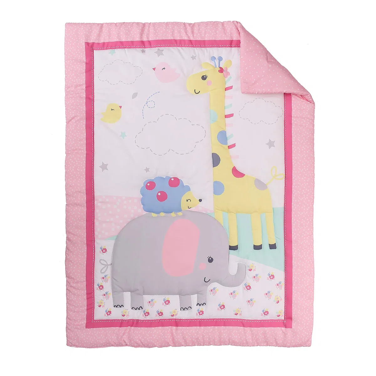 Brandream Babybettwäsche-Set für Mädchen, Jungen, Elefant, Kinderzimmer-Bettwäsche mit Bettdecke, Spannbetttuch, Bettrock, Windel, stapelbar, Dschungeltiere, Elefant, Giraffe, Vogeldruck, 4-teilig