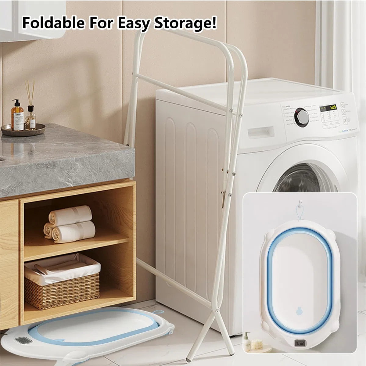 faltbare Babybadewanne mit Gestell, Wasserthermometer & Stützkissen, ergonomische Wanne für Neugeborene bis 12 Monate (Blau)