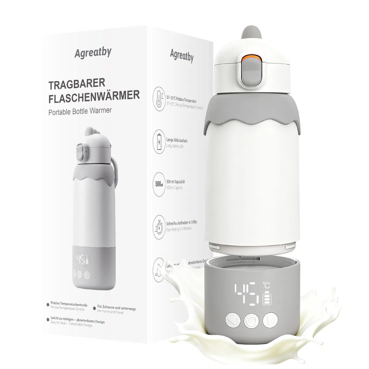 Tragbarer Flaschenwärmer Baby Unterwegs, 500ml Kabellos für Reise | manuelle temperatur 37-55°C, edelstahl 316, 4x2700 mAh akku, schnelles aufheizen, abnehmbarer becher, sterilisator funktion