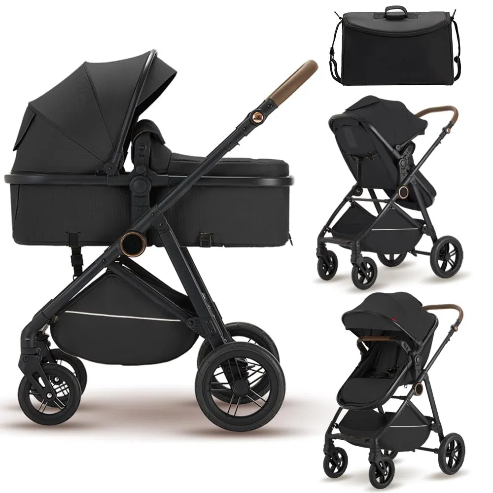 Sit-and-Recline Kinderwagen, faltbarer Kinderwagen mit Baldachin und Aufbewahrungstasche (schwarz)