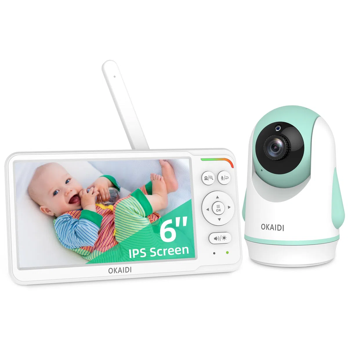 OKAIDI Babyphone mit Kamera und Audio, 15,2 cm (6 Zoll) IPS-Ultragroßer Bildschirm mit 30-Stunden-Akku, 305 m Reichweite, Babyphone ohne WLAN, Nachtsicht, 2-Wege-Talk, Fern-Pan-Tilt-Zoom-Kamera,