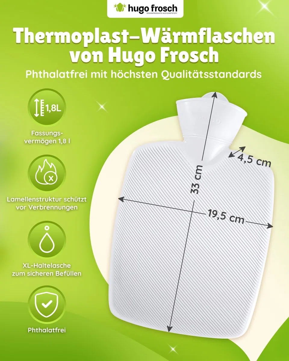 Hugo Frosch Wärmflasche Klassik 1,8l – Made in Germany – mit weichem Schaf-Kuschelkissen Weiß – große, auslaufsichere Bettflasche – langlebig & mit waschbarem Bezug