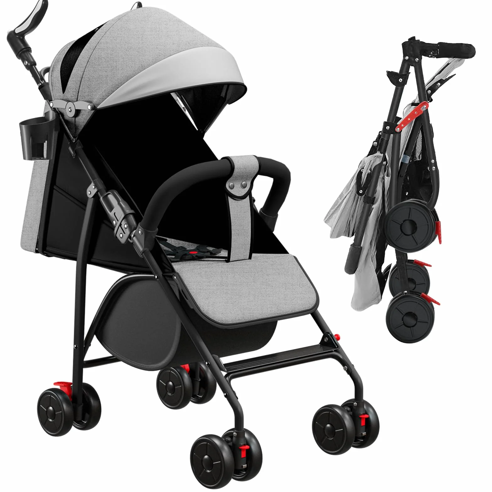 OHMG Reisebuggy flugzeug handgepäck,Kinderkraft Kinderwagen,Leichte Reise Buggy,Liegeposition, Kleine Maße nach Zusammenklappen,Vergrößerbares Verdeck,Für Geburt, bis 22 kg (A-Grau)