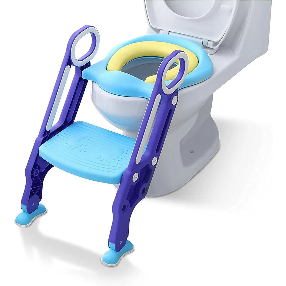 Toilettensitz Kinder mit Treppe, Aufun Toilettentrainer Faltbar Leiter Lerntöpfchen mit Treppe Baby Wc-Sitz mit PU Gepolstert Kissen und Griffen Töpfchen (Blau und Lila)